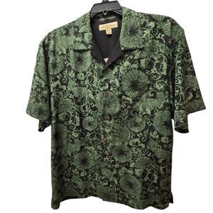 Tommy Bahama Mens Silk Tropical Button-up Hawaiian Camp Shirt Green Black Medium